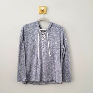 Roxy Women Knit Hoodie Pullover Top Sweater 6 Gray White Lace-up Beach Coastal